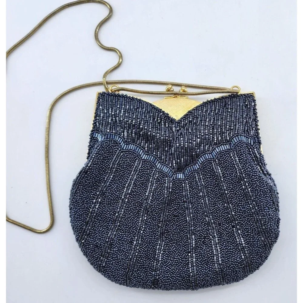 Vintage Ed B Robinson Beaded‎ Handbag Clutch with Gold Strap Small Purse Blue